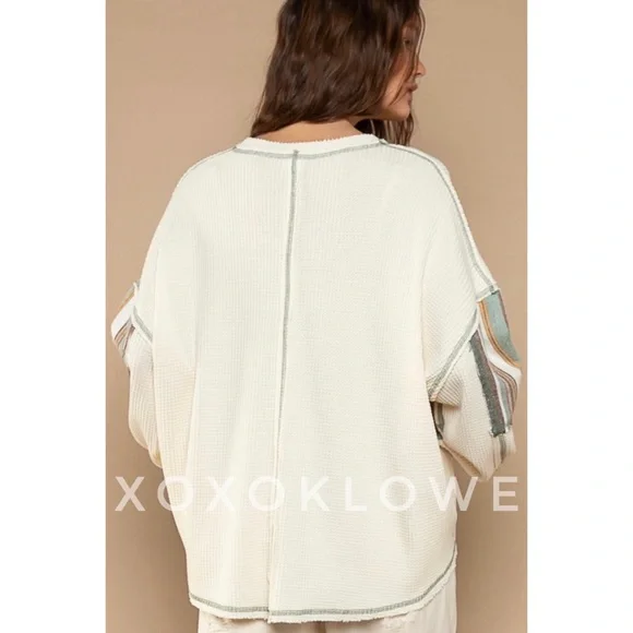 POL Cream Waffle Knit Oversized Top | Striped Long Sleeve Pullover Thermal - Picture 3 of 7